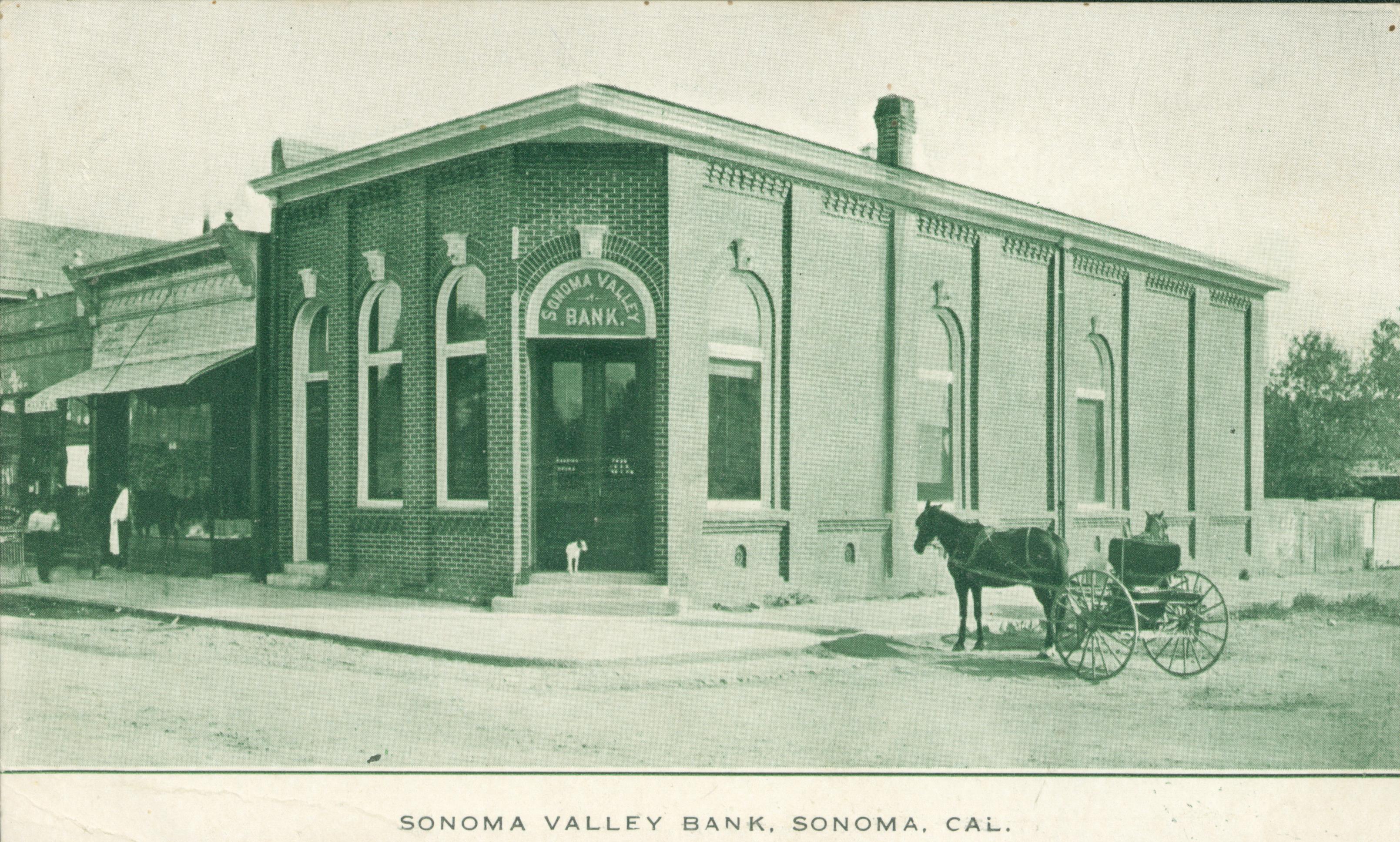 Shows a corner view of the Sonoma Valley Bank